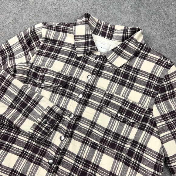Lucky Brand Jacket Womens Large Cream Plaid Flannel Sherpa Lined Shacket Pockets - Picture 1 of 15